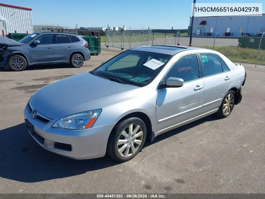 2006 Honda Accord 3.0 Ex VIN: 1HGCM66516A042978 Lot: 40451202