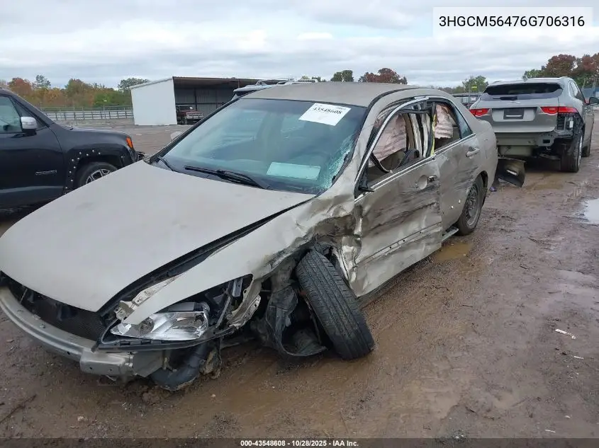 3HGCM56476G706316 2006 Honda Accord Lx