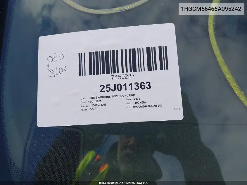 1HGCM56466A095242 2006 Honda Accord 2.4 Lx