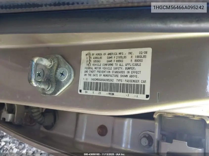 1HGCM56466A095242 2006 Honda Accord 2.4 Lx