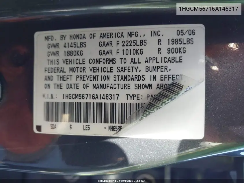 1HGCM56716A146317 2006 Honda Accord Sdn 2.4 Ex/Ex