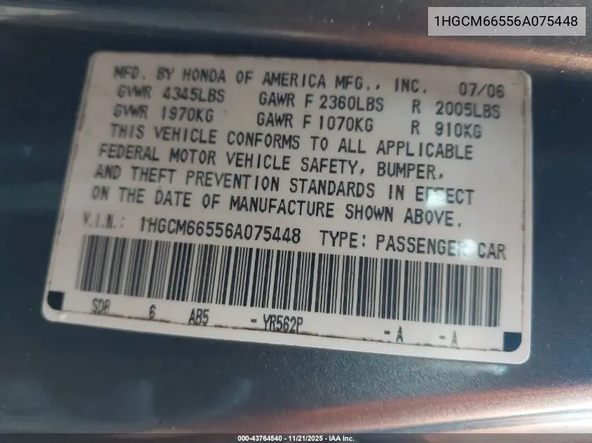 1HGCM66556A075448 2006 Honda Accord 3.0 Ex