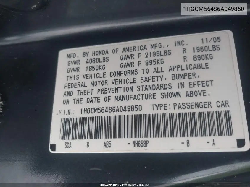 1HGCM56486A049850 2006 Honda Accord 2.4 Lx