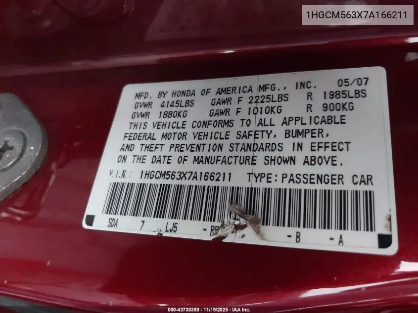 1HGCM563X7A166211 2007 Honda Accord 2.4 Se