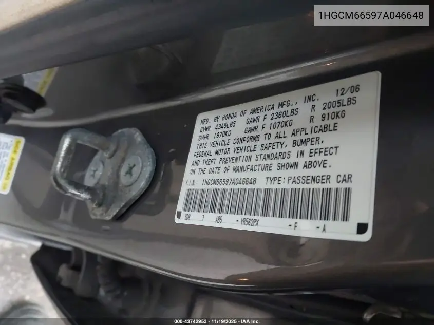 1HGCM66597A046648 2007 Honda Accord 3.0 Ex