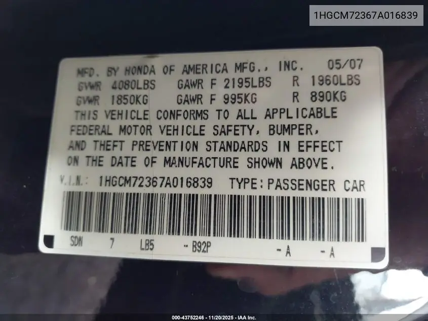 1HGCM72367A016839 2007 Honda Accord 2.4 Lx