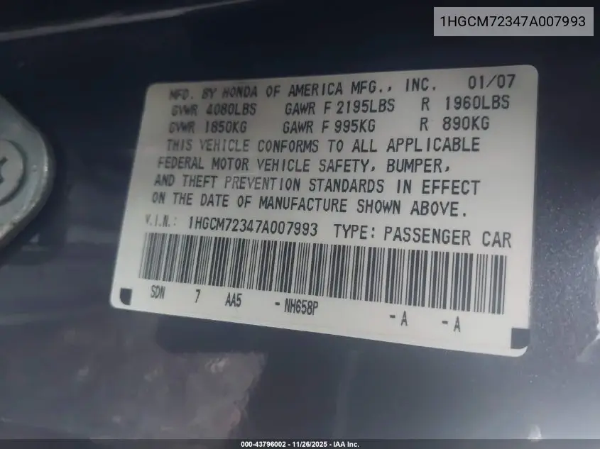 1HGCM72347A007993 2007 Honda Accord 2.4 Lx