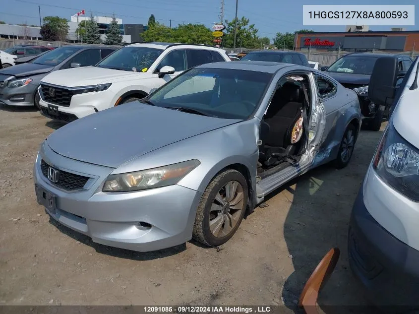 2008 Honda Accord VIN: 1HGCS127X8A800593 Lot: 12091085