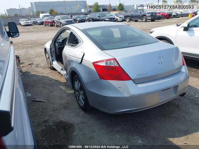 2008 Honda Accord VIN: 1HGCS127X8A800593 Lot: 12091085