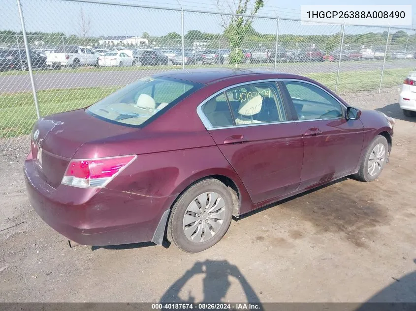 2008 Honda Accord 2.4 Lx VIN: 1HGCP26388A008490 Lot: 40187674