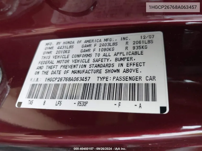 1HGCP26768A063457 2008 Honda Accord Ex