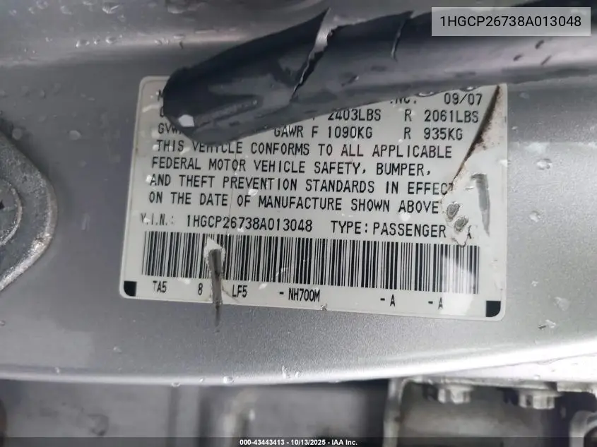 1HGCP26738A013048 2008 Honda Accord 2.4 Ex