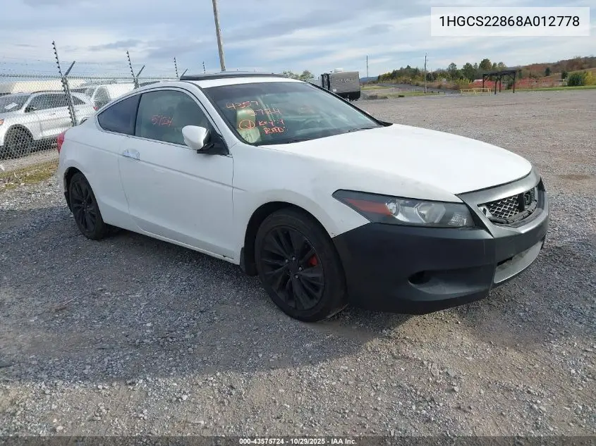1HGCS22868A012778 2008 Honda Accord 3.5 Ex-L