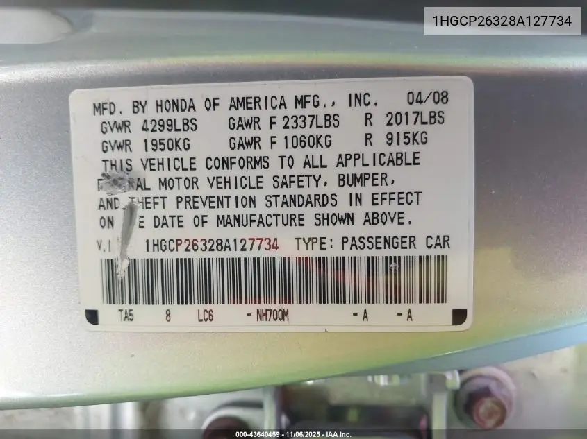 1HGCP26328A127734 2008 Honda Accord 2.4 Lx