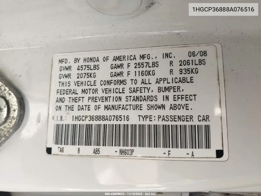 1HGCP36888A076516 2008 Honda Accord 3.5 Ex-L