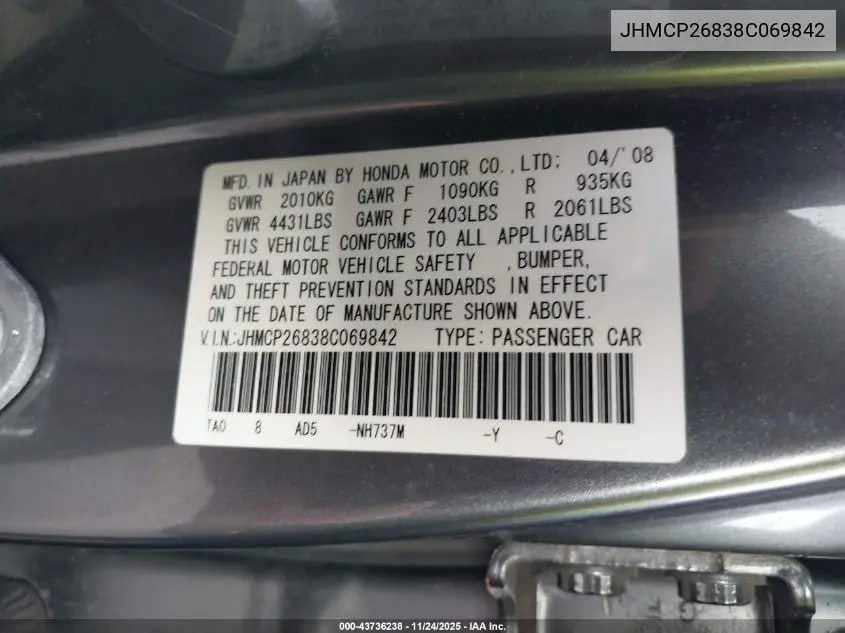 JHMCP26838C069842 2008 Honda Accord 2.4 Ex-L