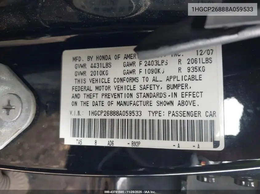 1HGCP26888A059533 2008 Honda Accord 2.4 Ex-L