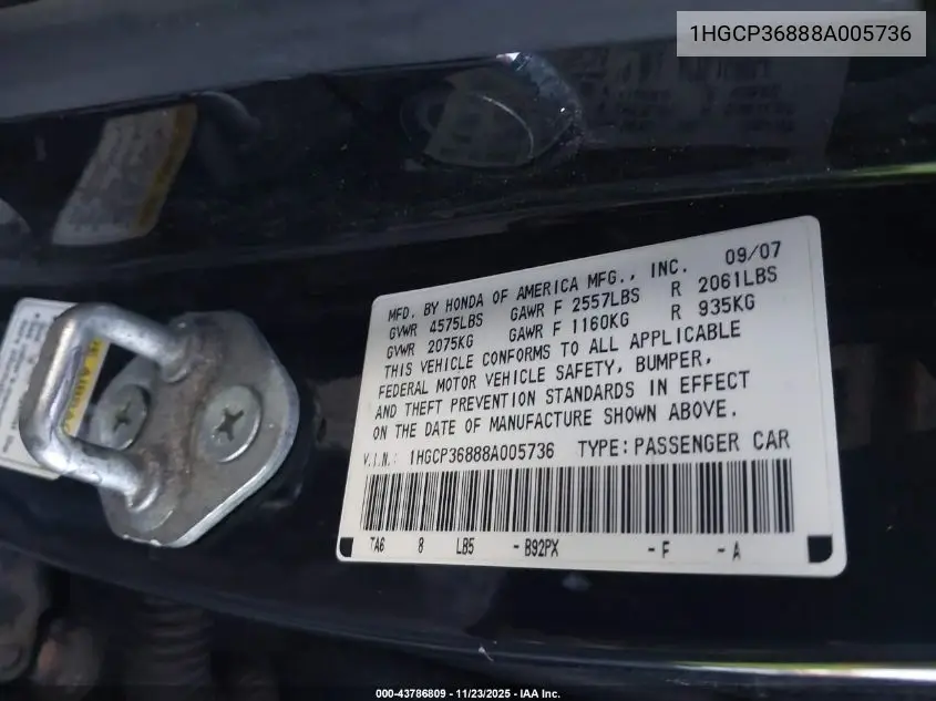 1HGCP36888A005736 2008 Honda Accord 3.5 Ex-L