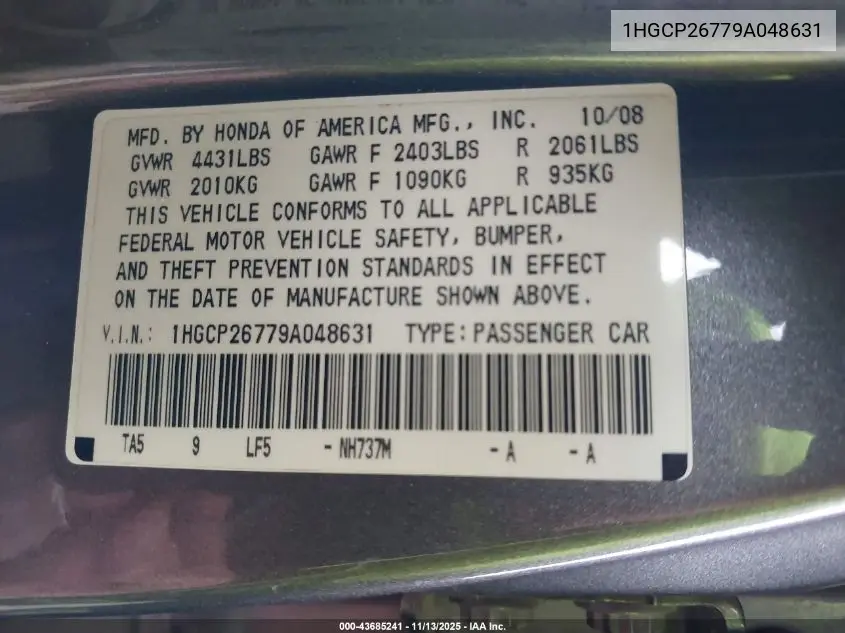1HGCP26779A048631 2009 Honda Accord 2.4 Ex