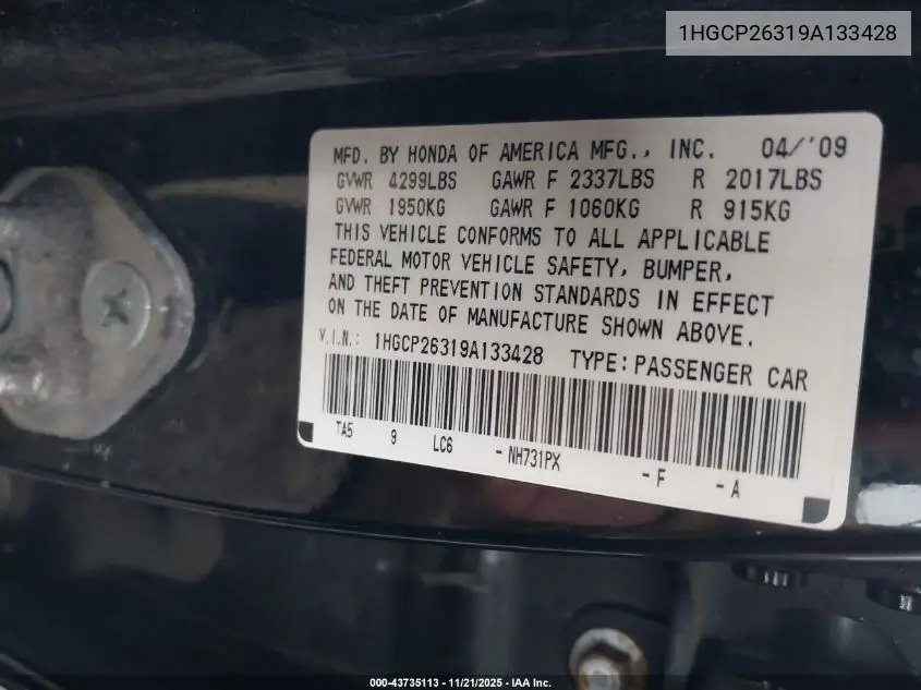 1HGCP26319A133428 2009 Honda Accord 2.4 Lx