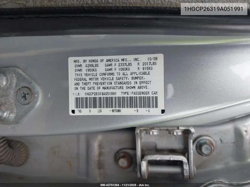 1HGCP26319A051991 2009 Honda Accord 2.4 Lx