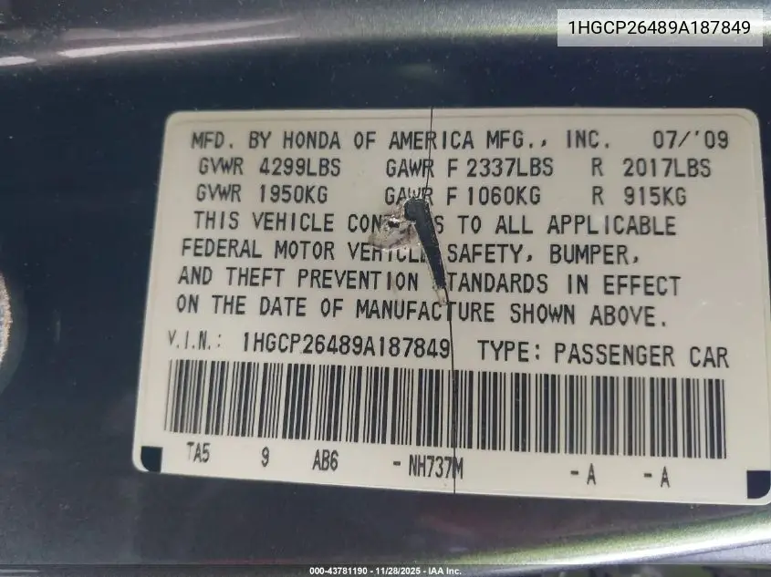 1HGCP26489A187849 2009 Honda Accord 2.4 Lx-P