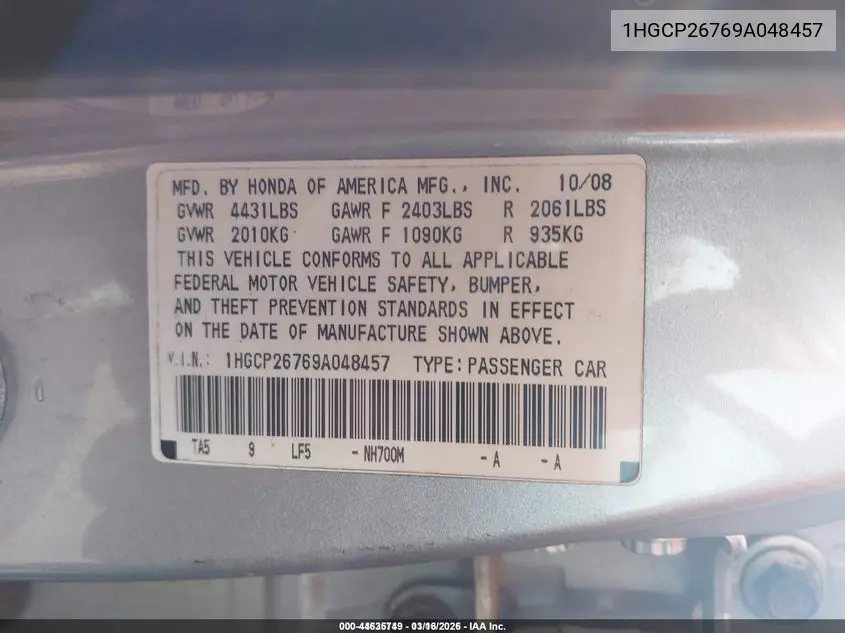 1HGCP26769A048457 2009 Honda Accord 2.4 Ex