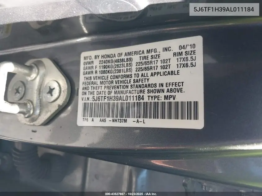 5J6TF1H39AL011184 2010 Honda Accord Crosstour Ex