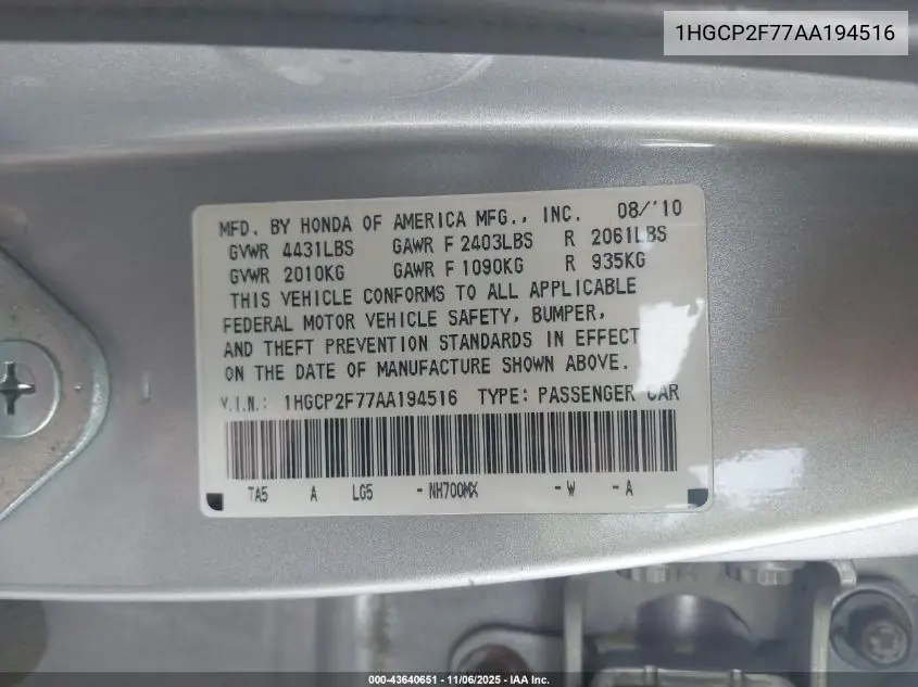 1HGCP2F77AA194516 2010 Honda Accord 2.4 Ex