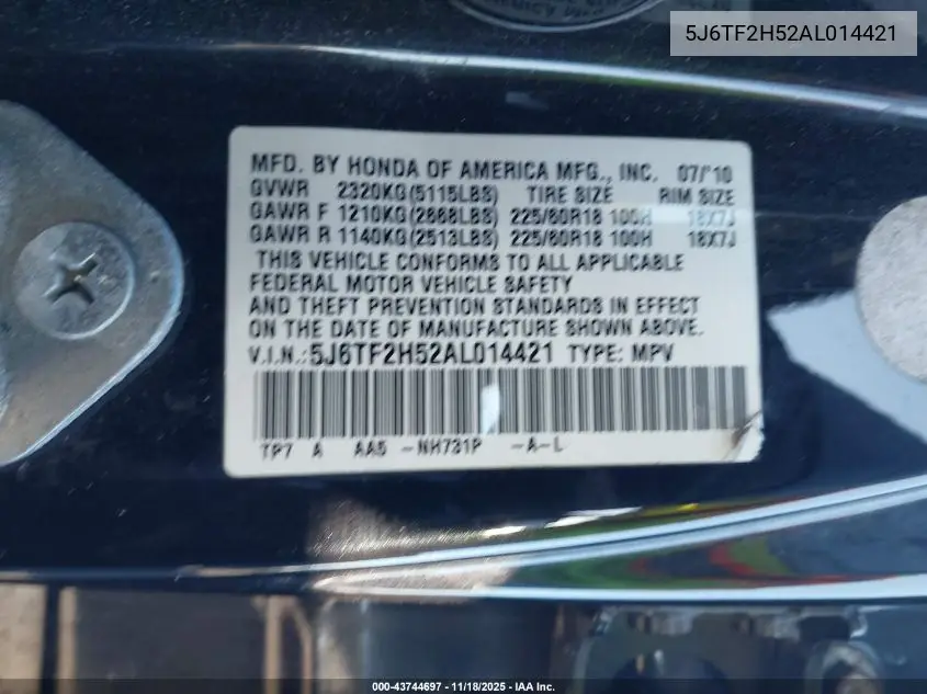 5J6TF2H52AL014421 2010 Honda Accord Crosstour Ex-L