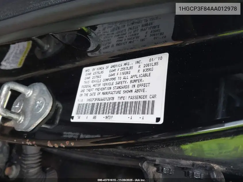 1HGCP3F84AA012978 2010 Honda Accord 3.5 Ex-L