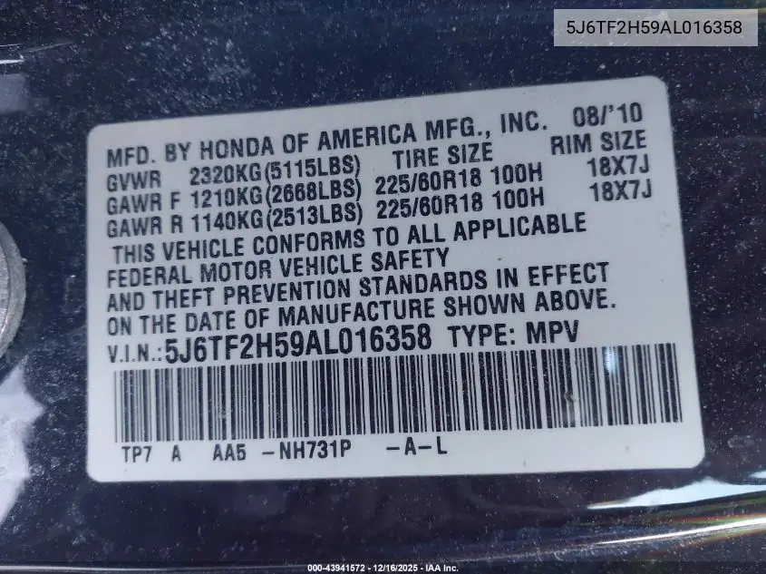 5J6TF2H59AL016358 2010 Honda Accord Crosstour Ex-L