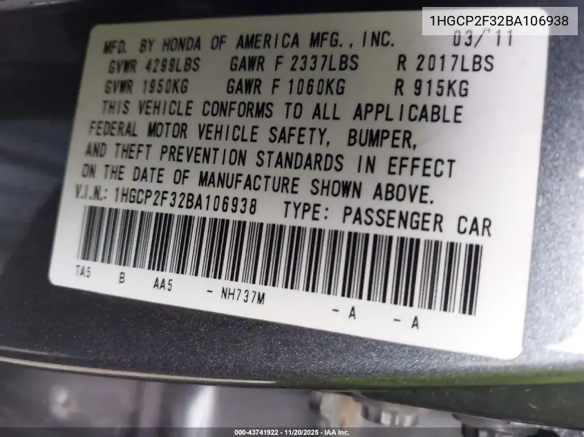 1HGCP2F32BA106938 2011 Honda Accord 2.4 Lx