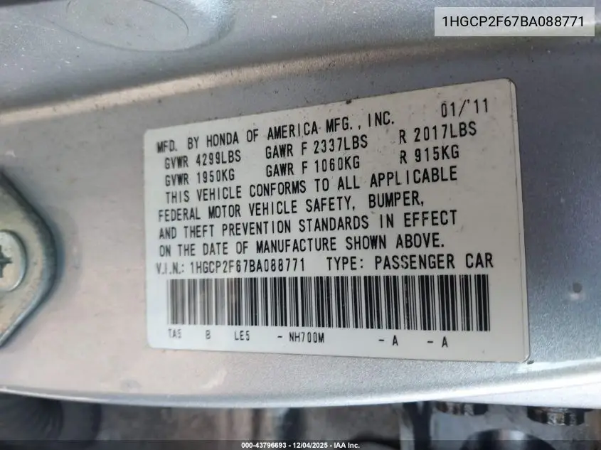 1HGCP2F67BA088771 2011 Honda Accord 2.4 Se