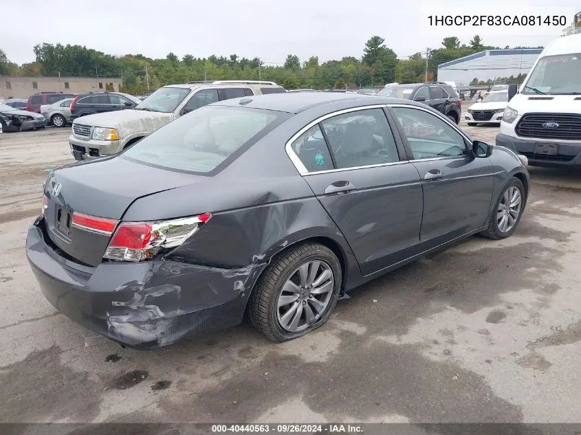 2012 Honda Accord 2.4 Ex-L VIN: 1HGCP2F83CA081450 Lot: 40440563