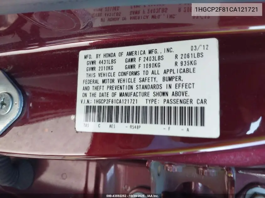 1HGCP2F81CA121721 2012 Honda Accord 2.4 Ex-L