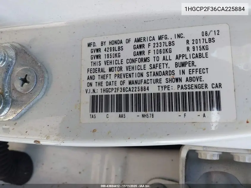 1HGCP2F36CA225884 2012 Honda Accord 2.4 Lx