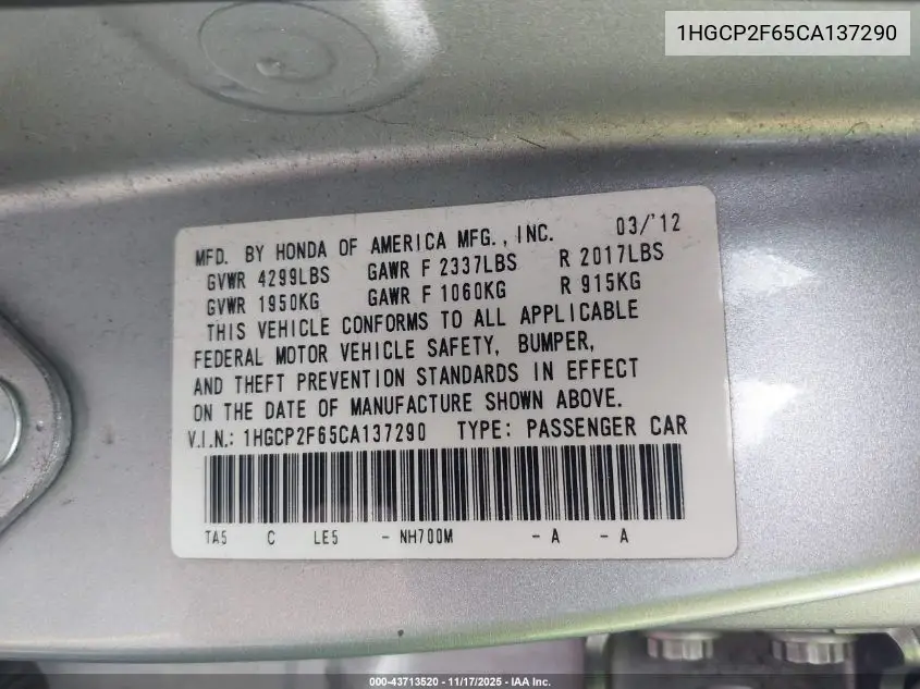 1HGCP2F65CA137290 2012 Honda Accord 2.4 Se