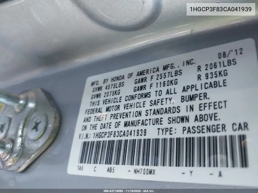 1HGCP3F83CA041939 2012 Honda Accord Exl