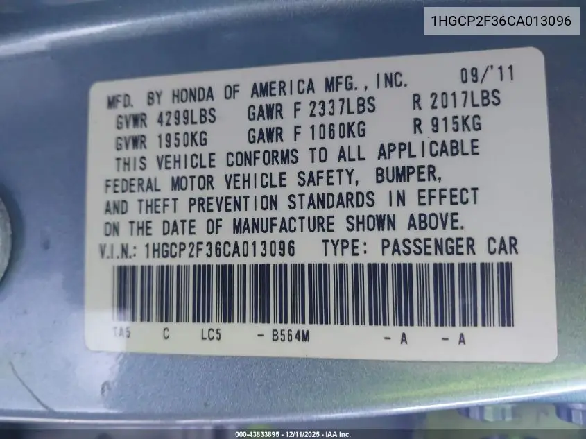 1HGCP2F36CA013096 2012 Honda Accord 2.4 Lx