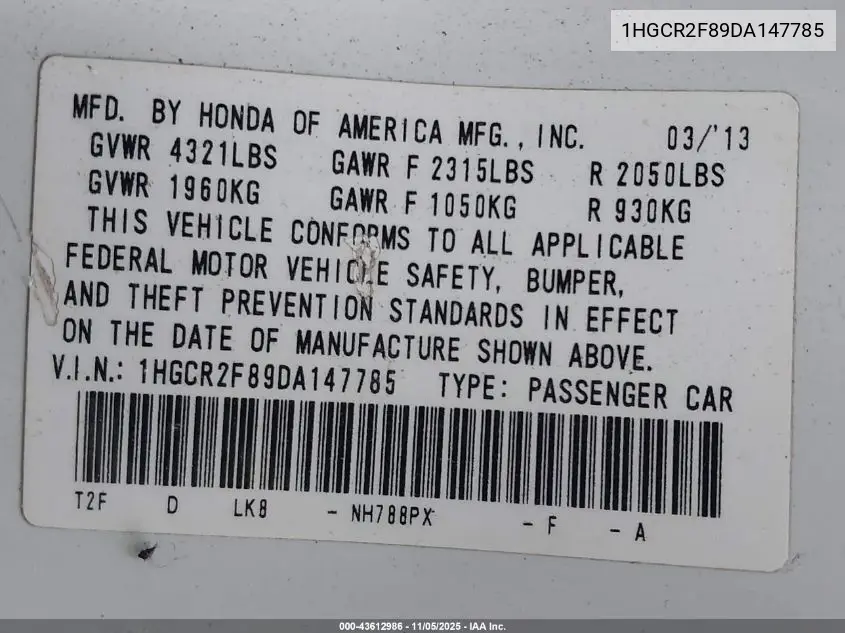 1HGCR2F89DA147785 2013 Honda Accord Sdn Ex-L