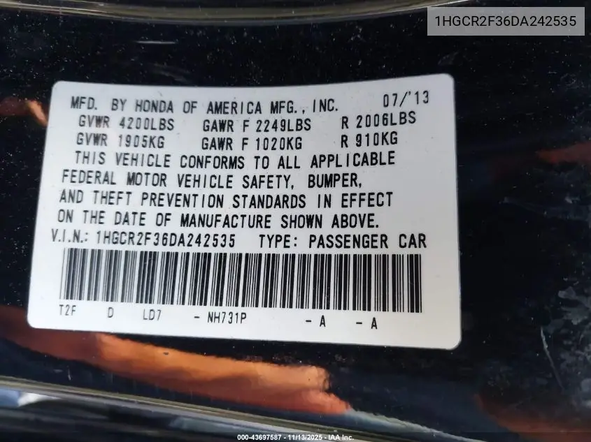 1HGCR2F36DA242535 2013 Honda Accord Lx