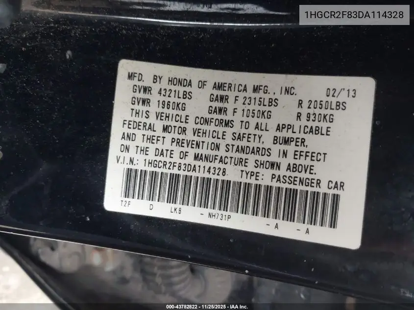 1HGCR2F83DA114328 2013 Honda Accord Sdn Ex-L