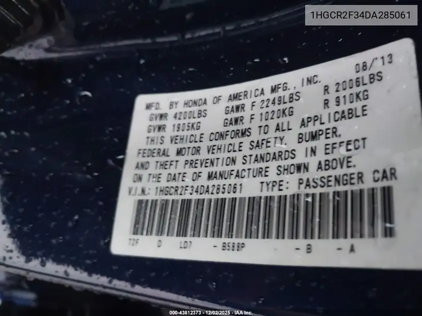 1HGCR2F34DA285061 2013 Honda Accord Lx