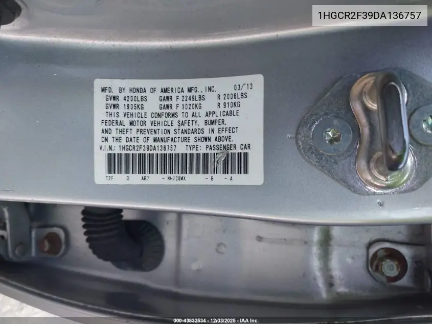 1HGCR2F39DA136757 2013 Honda Accord Lx