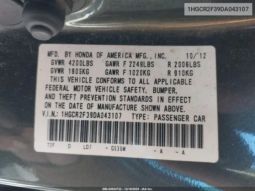1HGCR2F39DA043107 2013 Honda Accord Lx