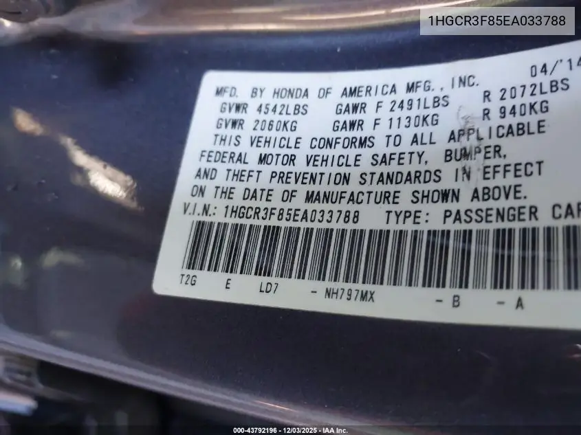 1HGCR3F85EA033788 2014 Honda Accord Ex-L V-6