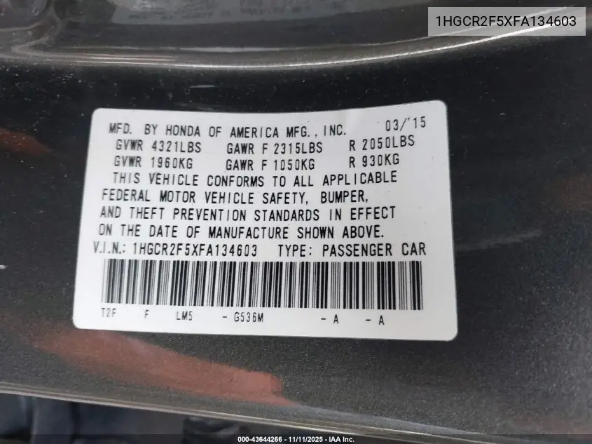 1HGCR2F5XFA134603 2015 Honda Accord Sport