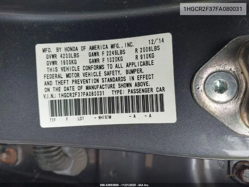 1HGCR2F37FA080031 2015 Honda Accord Lx