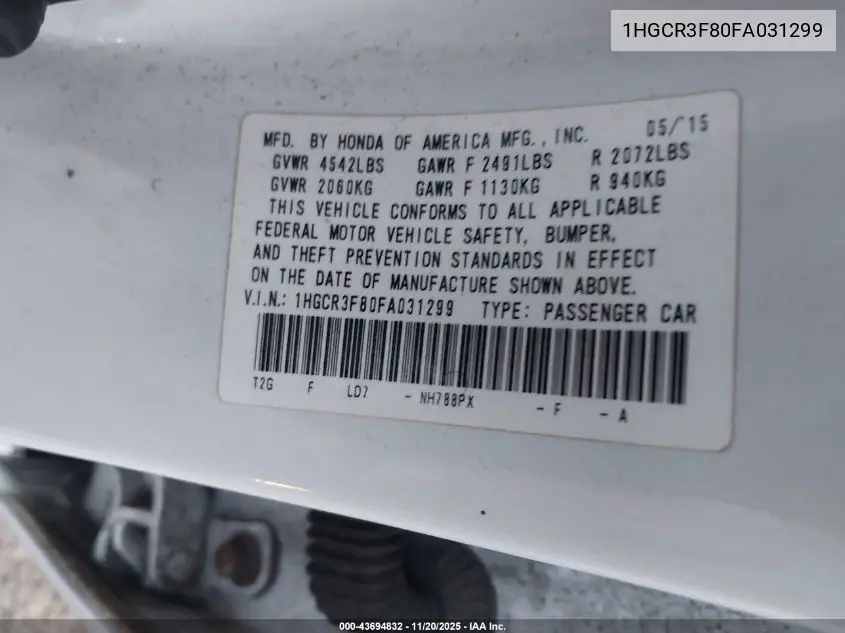 1HGCR3F80FA031299 2015 Honda Accord Ex-L V-6